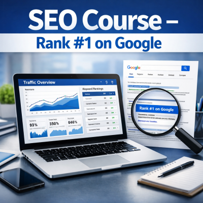 SEO Course promotional poster showing laptop with website analytics dashboard, keyword ranking chart, and Google search results page – Rank #1 on Google digital marketing training.